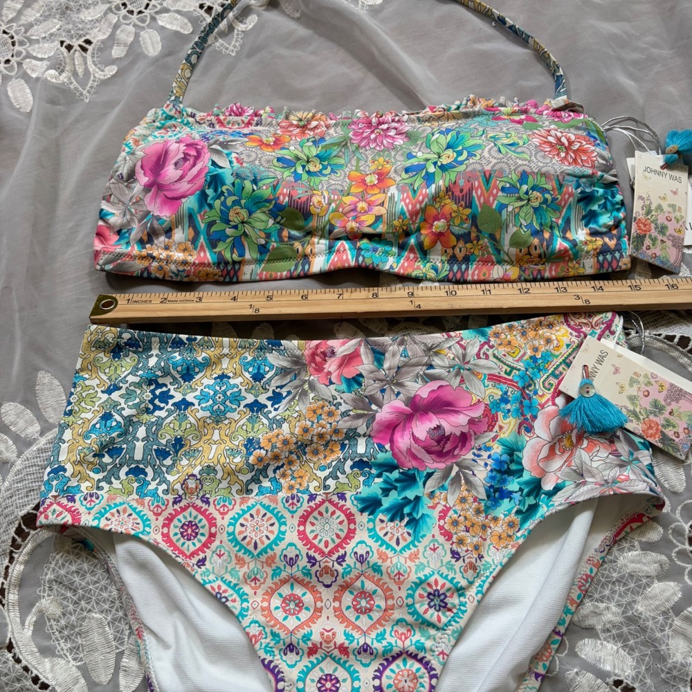 Johnny Was Pearce Bandeau Bikini Set High Waist Floral Patchwork Multi XL NEW - Picture 4 of 7